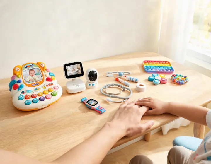 Vtech learning toys and baby monitor on a family play table